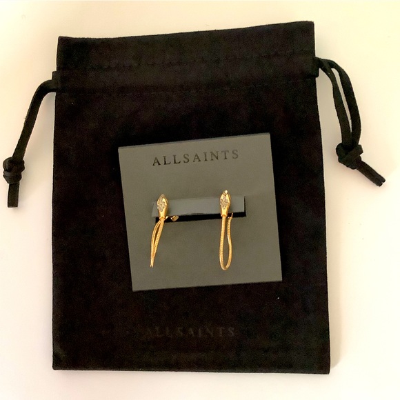 All Saints Snake Front To Back Goldtone Pave’ Earrings New - Picture 3 of 4